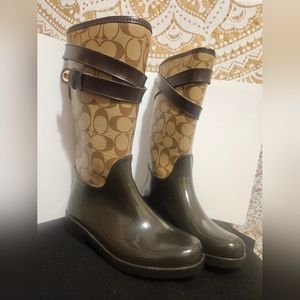 Coach TRISHA II New Rain Boots Womens Size 5 B Brown Signature Canvas Rubber